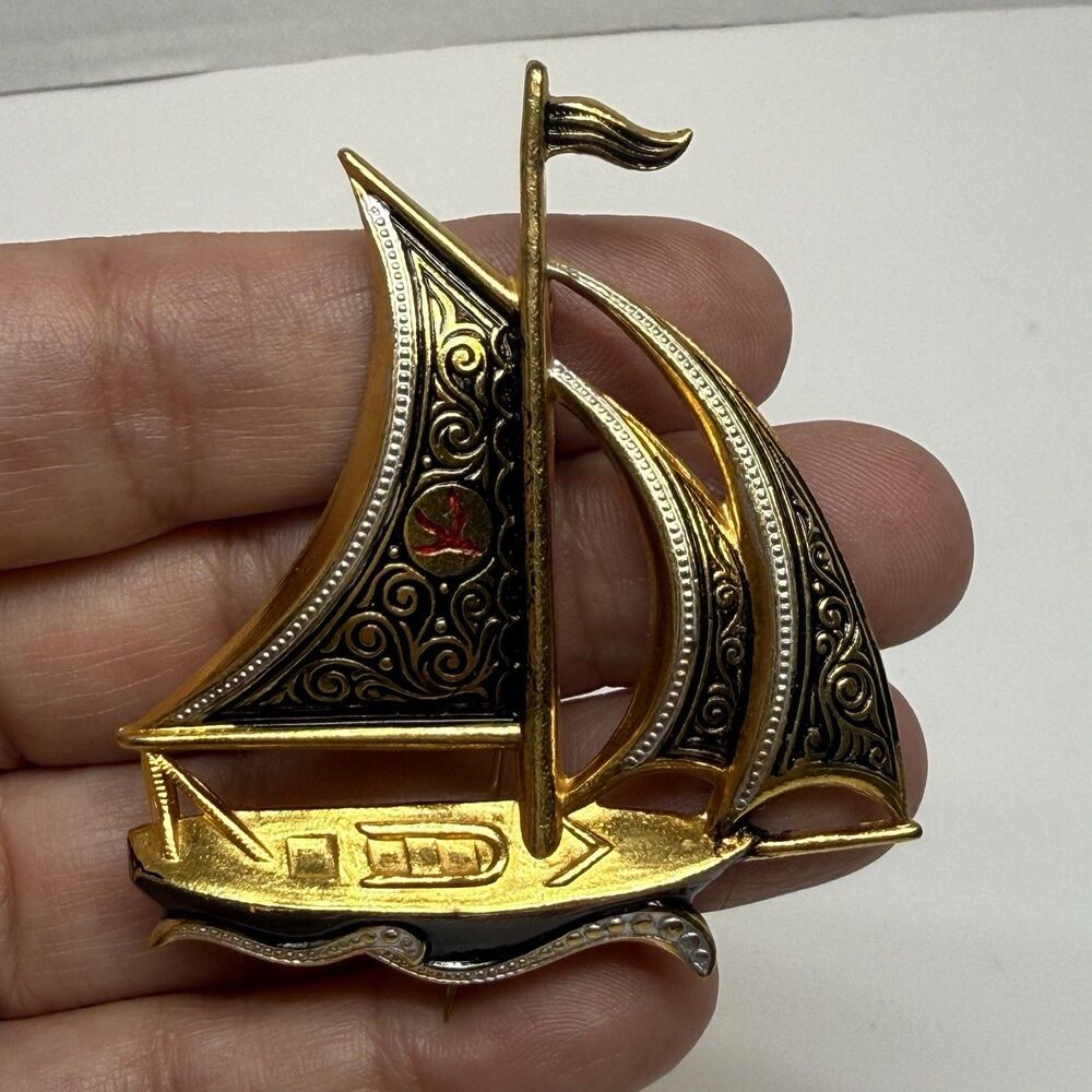 Vintage Spanish Damascene Sailboat Brooch
